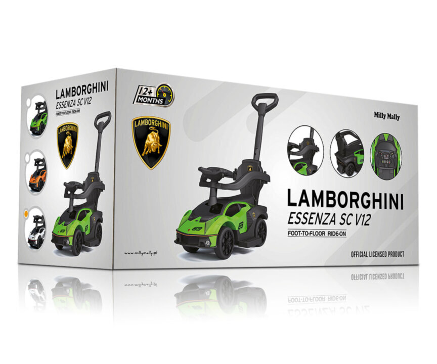 Potkuauto, kahvalla, Lamborghini the Essenza SCV12, väri: vihreä/musta hinta ja tiedot | Vauvan lelut | hobbyhall.fi