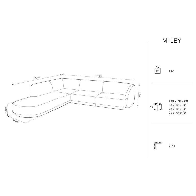 Samettinen vasemmanpuoleinen kulmasohva Micadoni Miley, 252 x 220 x 74, beige hinta ja tiedot | Sohvat ja vuodesohvat | hobbyhall.fi