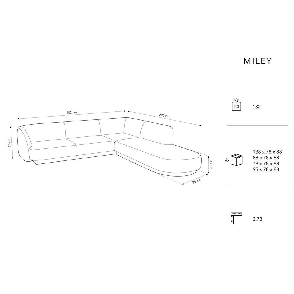 Samettinen oikeanpuoleinen kulmasohva Micadoni Miley, 252 x 220 x 74, valkoinen hinta ja tiedot | Sohvat ja vuodesohvat | hobbyhall.fi