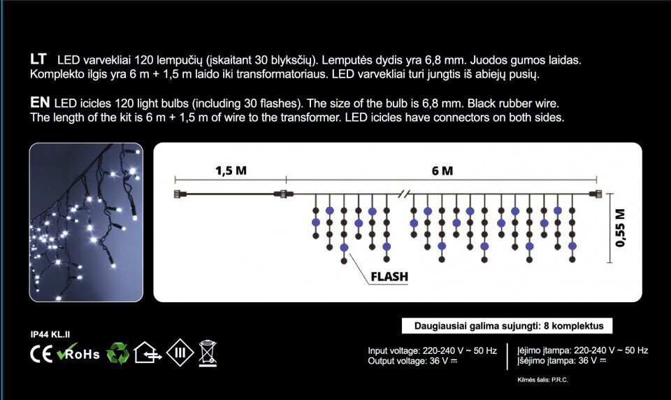 Jääpuikkoketju vilkkuva (katu) 120LED, 6m, sininen/viileä valkoinen hinta ja tiedot | Jouluvalot | hobbyhall.fi