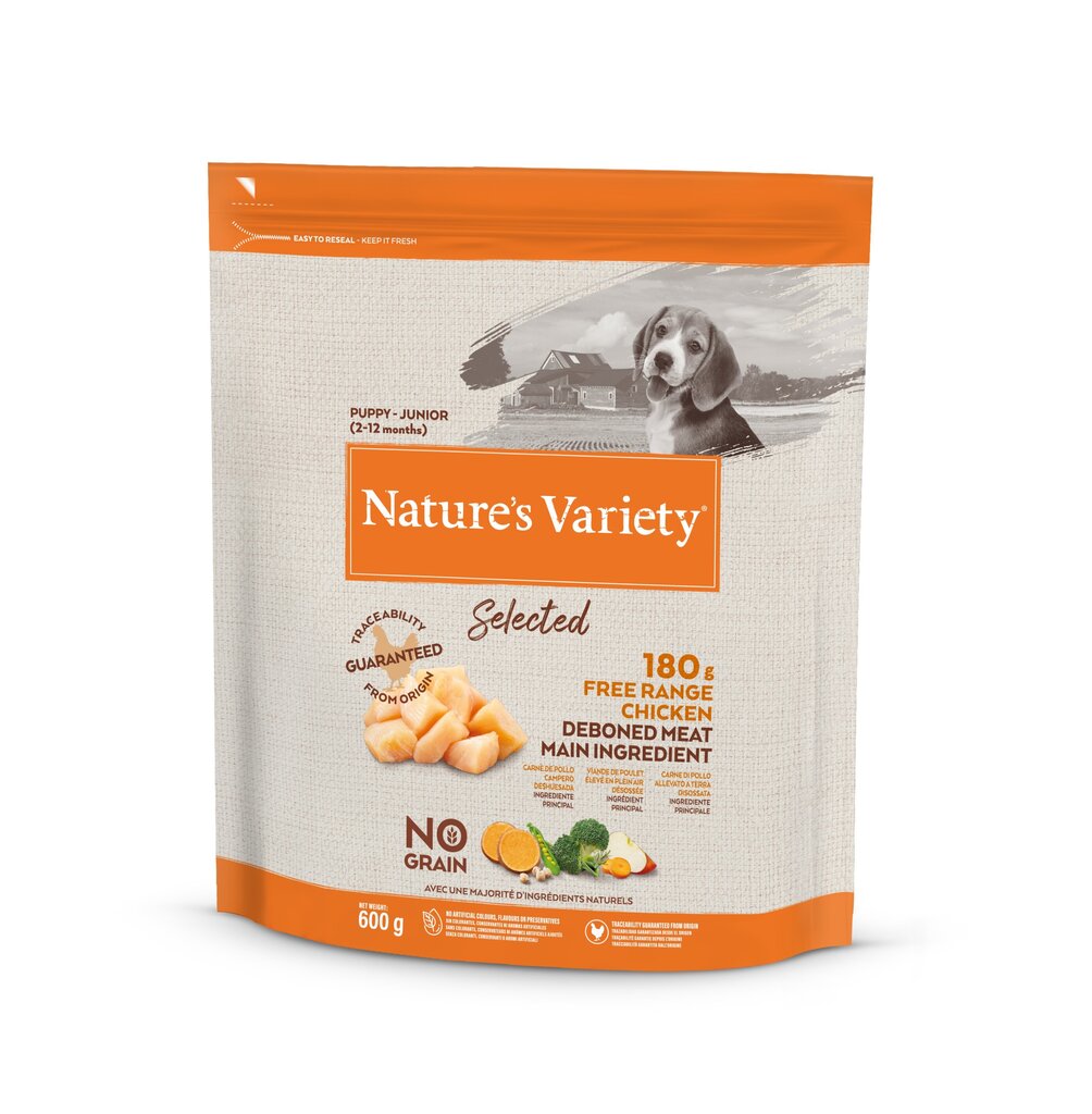 Nature's Variety Dog Selected Junior Free Range kana 0,6 kg - vapaana kasvatettu kuivaruoka pennuille/nuorille. hinta ja tiedot | Koiran kuivaruoka | hobbyhall.fi