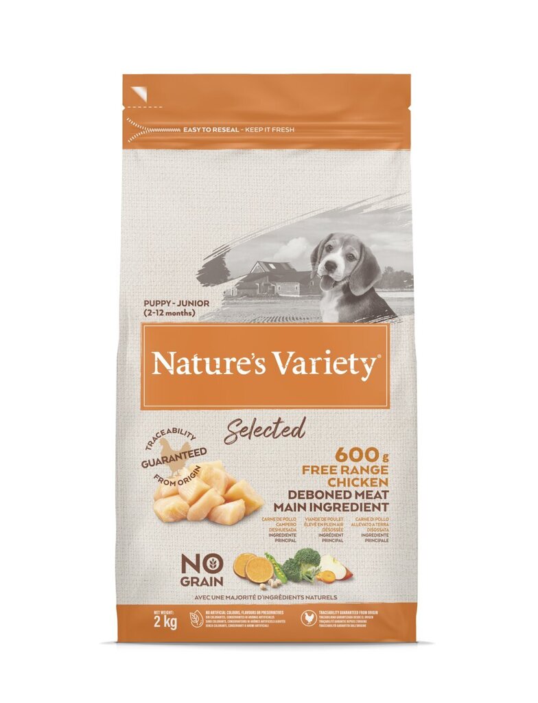 Nature's Variety Dog Selected Junior Free Range kana 2 kg - vapaana kasvatettu kuivaruoka pennuille/nuorille. hinta ja tiedot | Koiran kuivaruoka | hobbyhall.fi