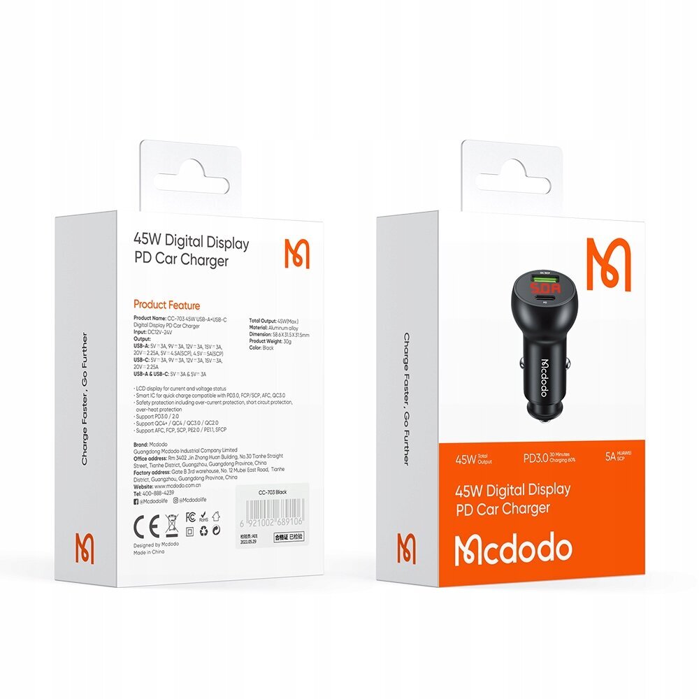 Mcdodo Mcdodo CC-7030 autolaturi, USB + USB-C, näytöllä, 45 W (musta) hinta ja tiedot | Puhelimen laturit | hobbyhall.fi