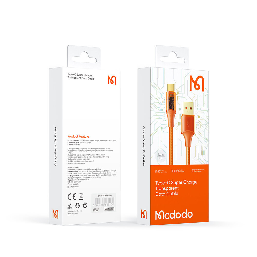 Mcdodo USB-C-kaapeli Mcdodo CA-3150, 6A, 1,8 m (oranssi) hinta ja tiedot | Puhelinkaapelit | hobbyhall.fi