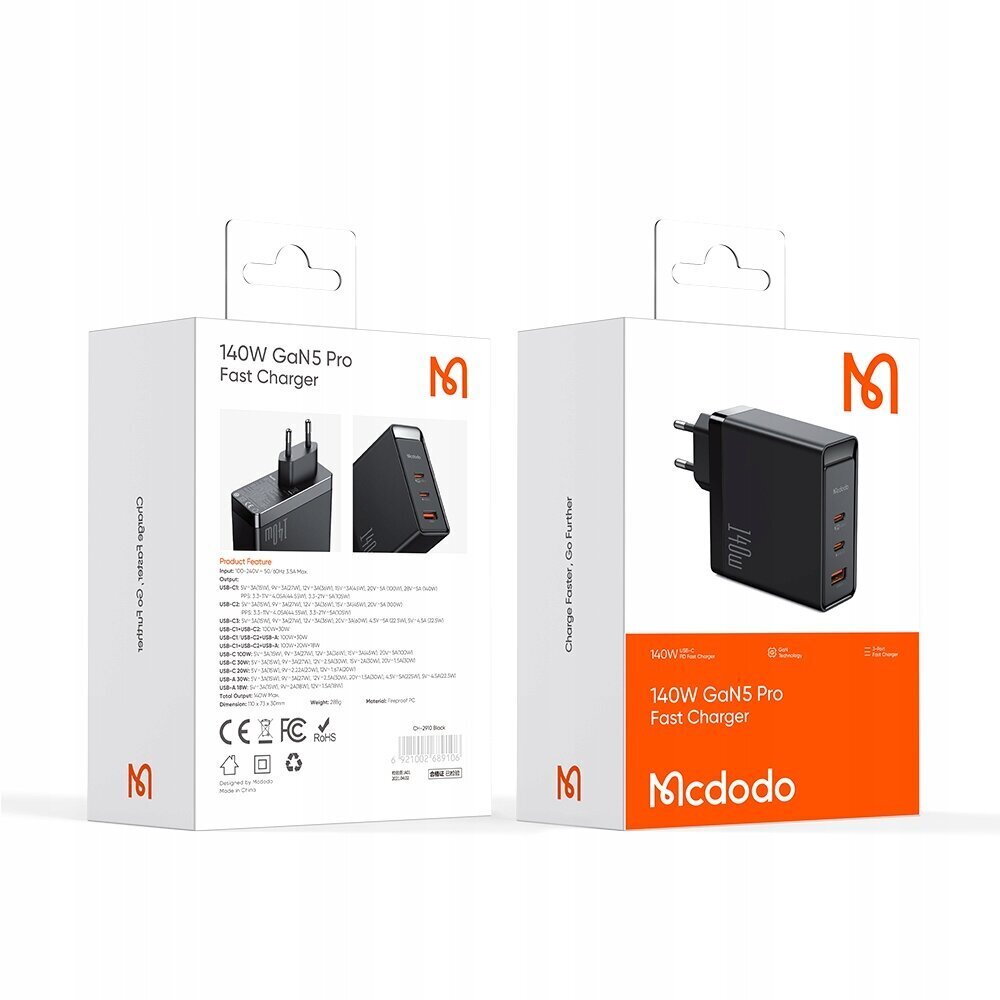 Mcdodo GaN 140W laturi Mcdodo CH-2911, 2x USB-C, USB-A (musta) hinta ja tiedot | Puhelimen laturit | hobbyhall.fi