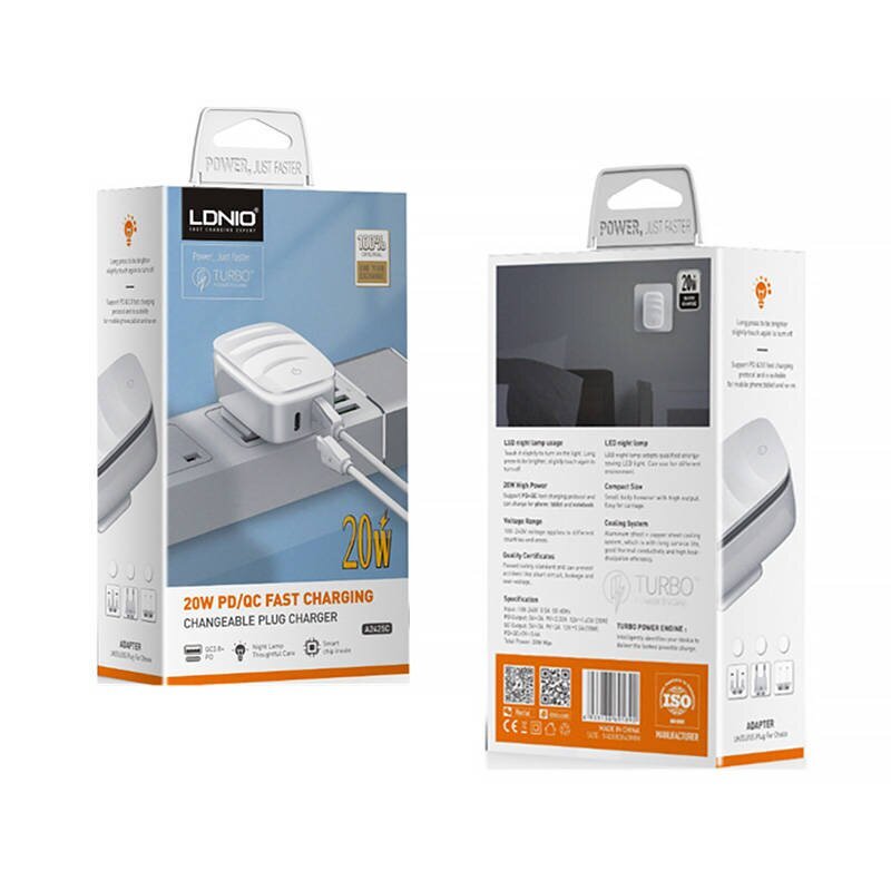 LDNIO Seinälaturi LDNIO A2425C USB, USB-C lampulla + microUSB-kaapeli hinta ja tiedot | Puhelimen laturit | hobbyhall.fi