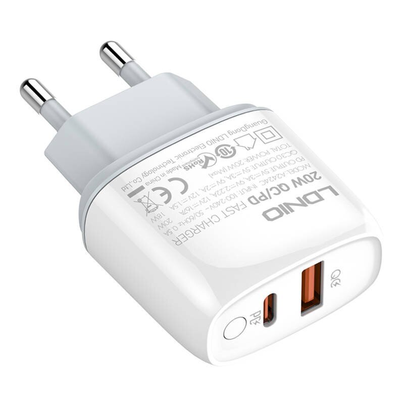 LDNIO Seinälaturi LDNIO A2424C USB, USB-C 20W + USB-C - USB-C kaapeli hinta ja tiedot | Puhelimen laturit | hobbyhall.fi