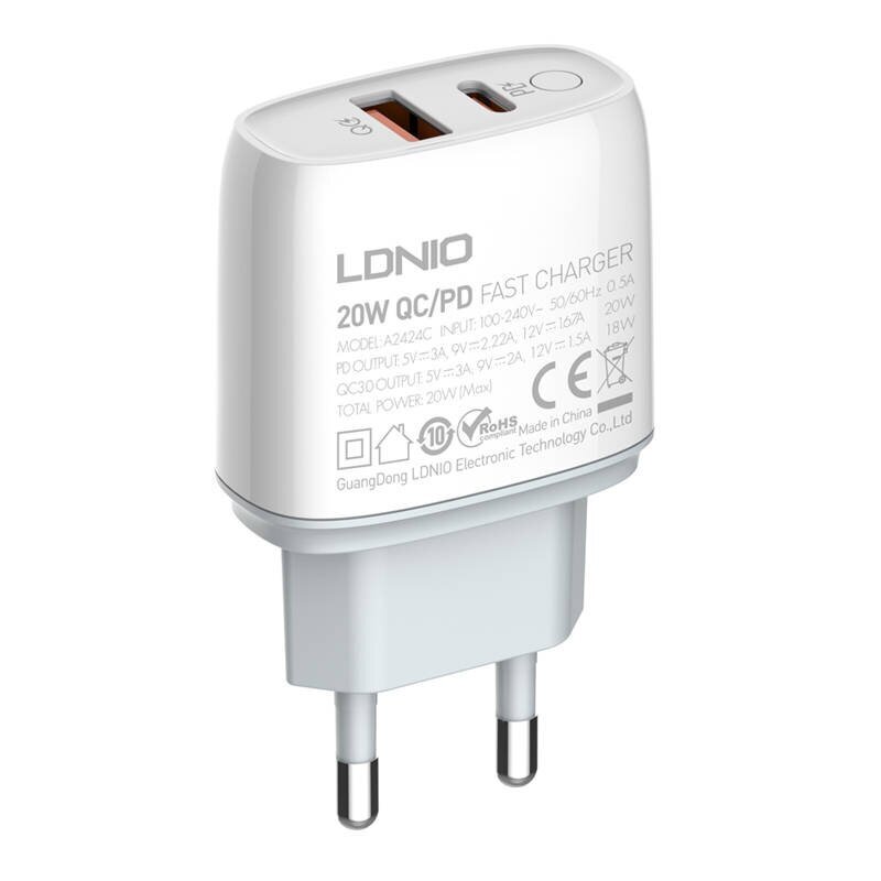 LDNIO Seinälaturi LDNIO A2424C USB, USB-C 20W + USB-C - USB-C kaapeli hinta ja tiedot | Puhelimen laturit | hobbyhall.fi