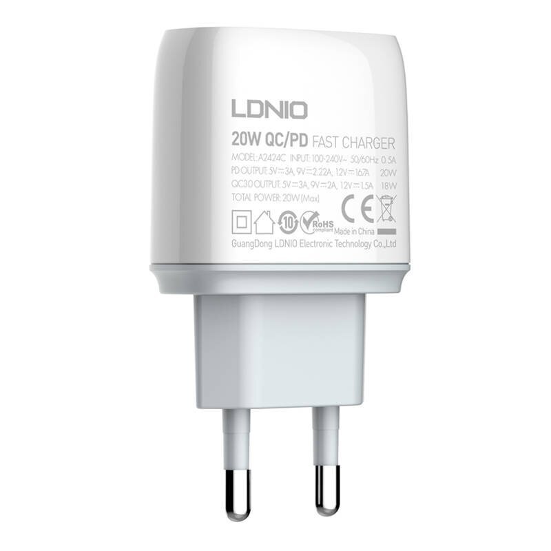 LDNIO Seinälaturi LDNIO A2424C USB, USB-C 20W + USB-C - USB-C kaapeli hinta ja tiedot | Puhelimen laturit | hobbyhall.fi