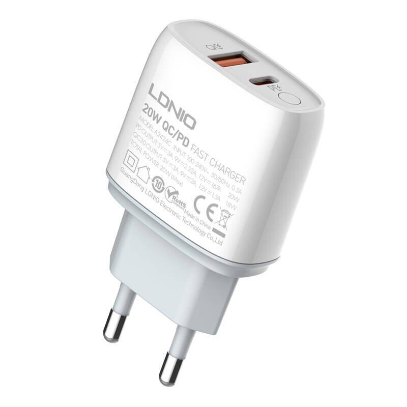 LDNIO Seinälaturi LDNIO A2424C USB, USB-C 20W + USB-C - Lightning-kaapeli hinta ja tiedot | Puhelimen laturit | hobbyhall.fi