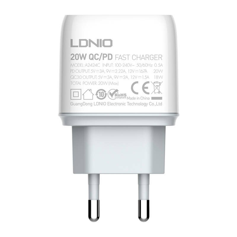 LDNIO Seinälaturi LDNIO A2424C USB, USB-C 20W + USB-C - Lightning-kaapeli hinta ja tiedot | Puhelimen laturit | hobbyhall.fi