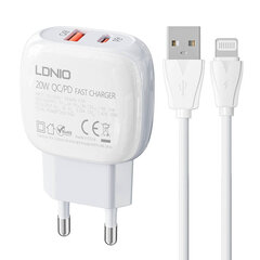 LDNIO Seinälaturi LDNIO A2313C USB, USB-C 20W + USB-Lightning-kaapeli hinta ja tiedot | Puhelimen laturit | hobbyhall.fi
