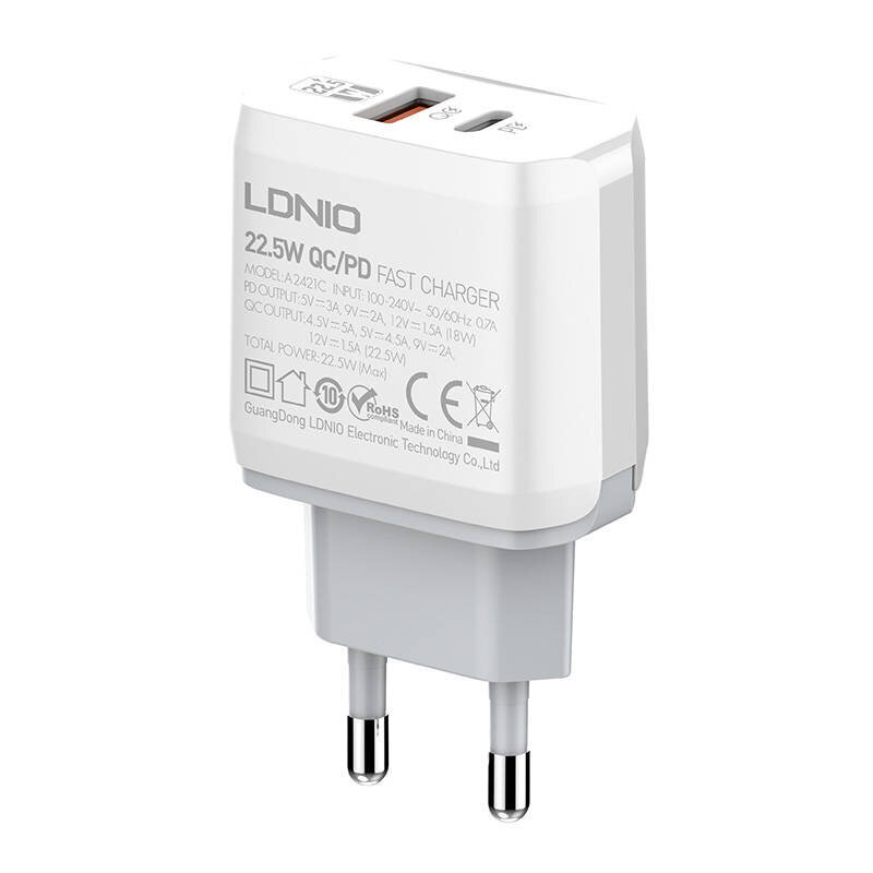 LDNIO Seinälaturi LDNIO A2421C USB, USB-C 22.5W + MicroUSB kaapeli hinta ja tiedot | Puhelimen laturit | hobbyhall.fi