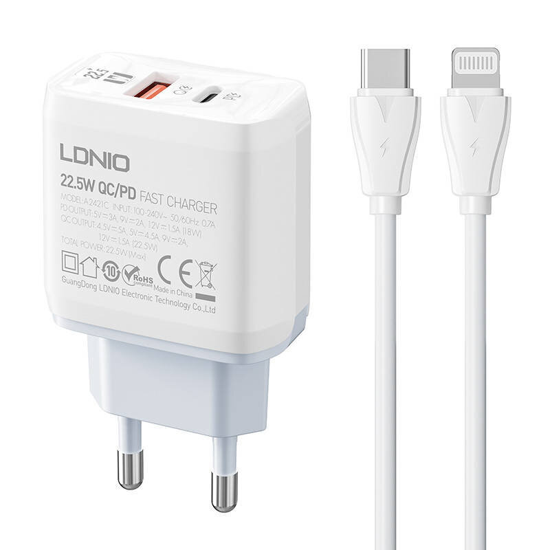 LDNIO Seinälaturi LDNIO A2421C USB, USB-C 22,5W + USB-C - Lightning-kaapeli hinta ja tiedot | Puhelimen laturit | hobbyhall.fi