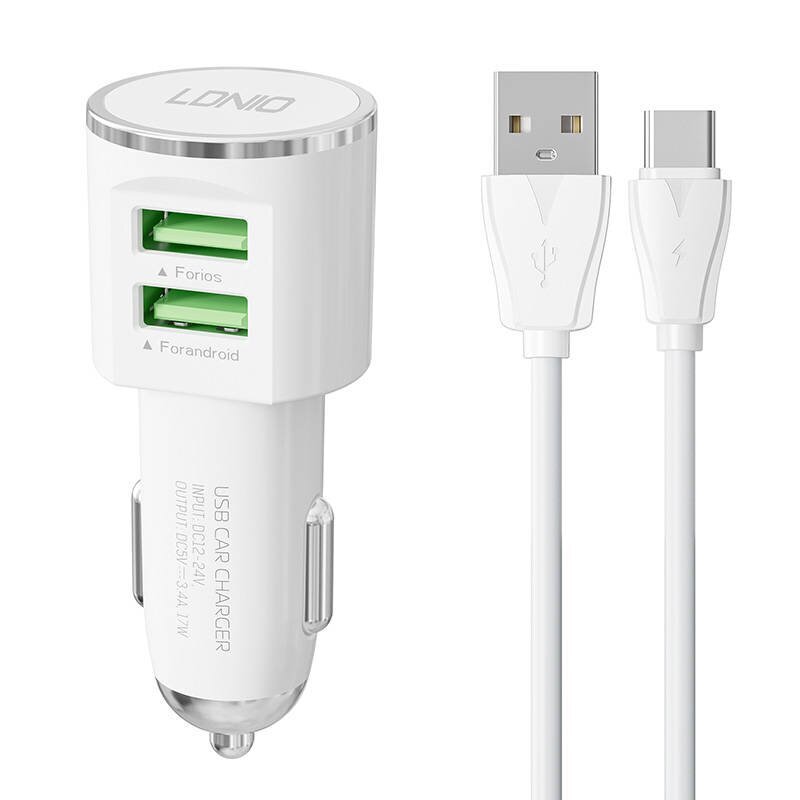 LDNIO LDNIO DL-C29 autolaturi, 2x USB, 3.4A + USB-C kaapeli (valkoinen) hinta ja tiedot | Puhelimen laturit | hobbyhall.fi