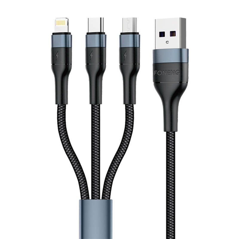 Foneng Foneng X51 3in1 USB-USB-C / Micro USB / Lightning-kaapeli, 3A, 1m (musta) hinta ja tiedot | Puhelinkaapelit | hobbyhall.fi