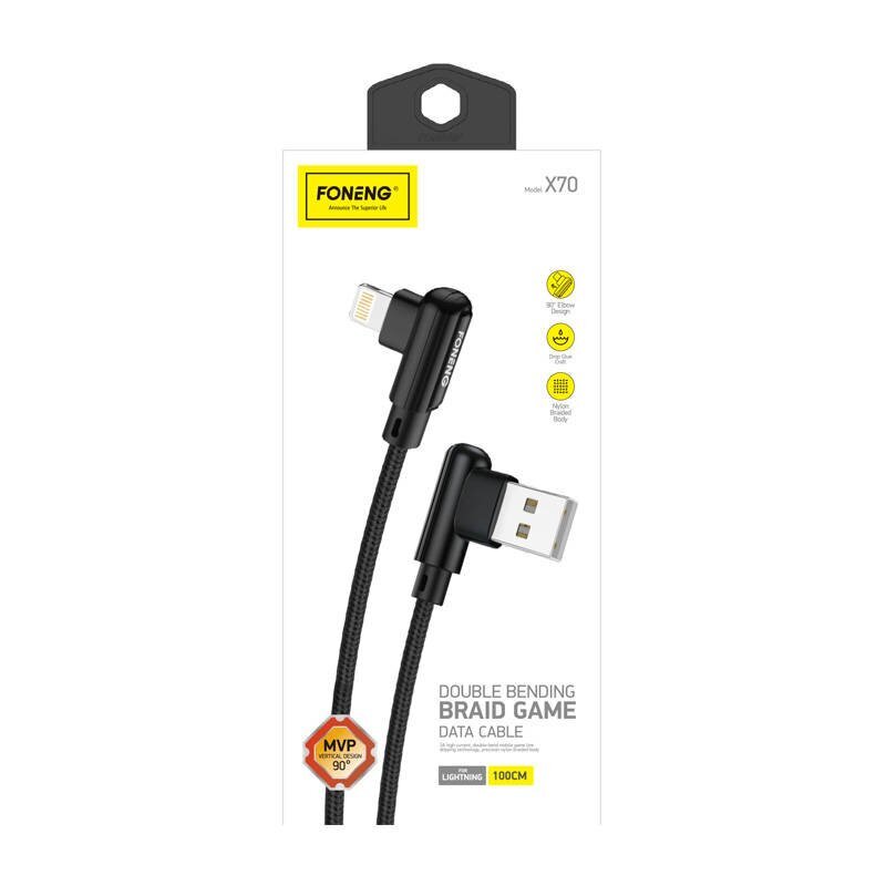 Foneng Kulmikas USB-kaapeli Lightning Foneng X70:lle, 3A, 1m (musta) hinta ja tiedot | Puhelinkaapelit | hobbyhall.fi