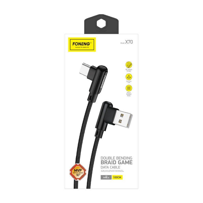 Foneng Foneng X70 Kulma USB-USB-C-kaapeli, 3A, 1m (musta) hinta ja tiedot | Puhelinkaapelit | hobbyhall.fi