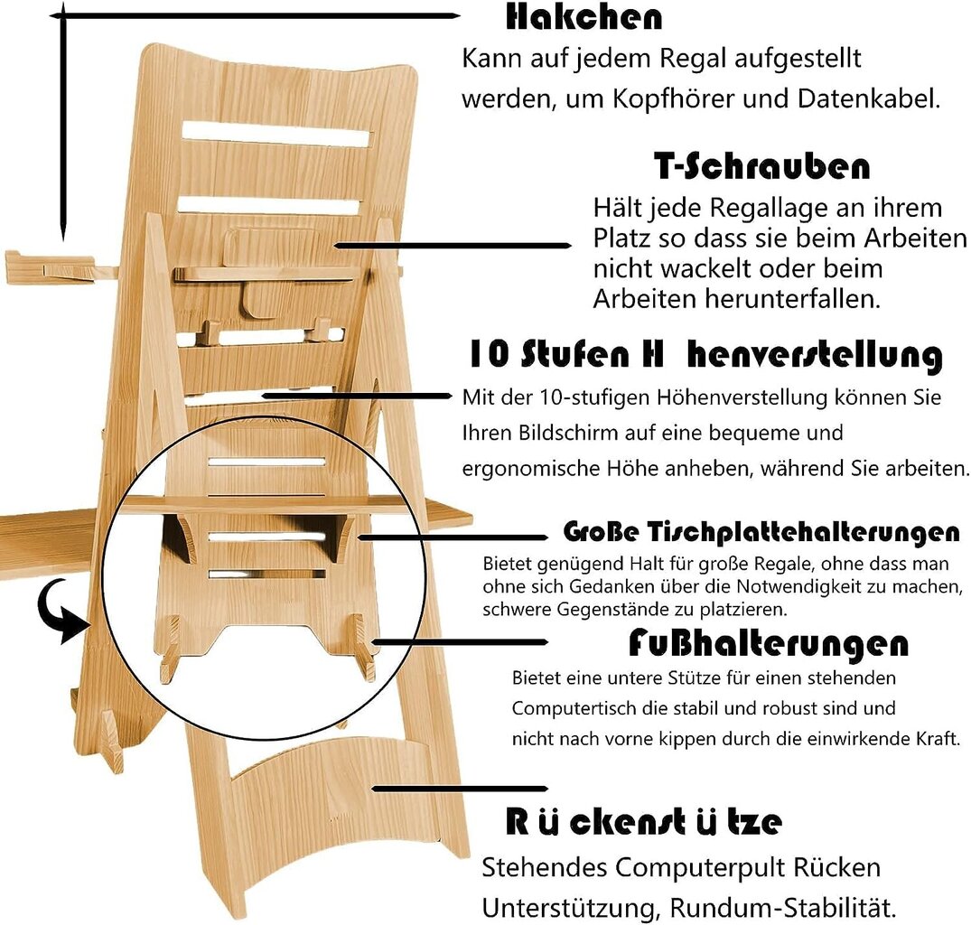 Sitaitong kannettavan tietokoneen teline, 3 hyllyä, korkeussäädettävä, puinen, beige hinta ja tiedot | Tietokonepöydät ja työpöydät | hobbyhall.fi