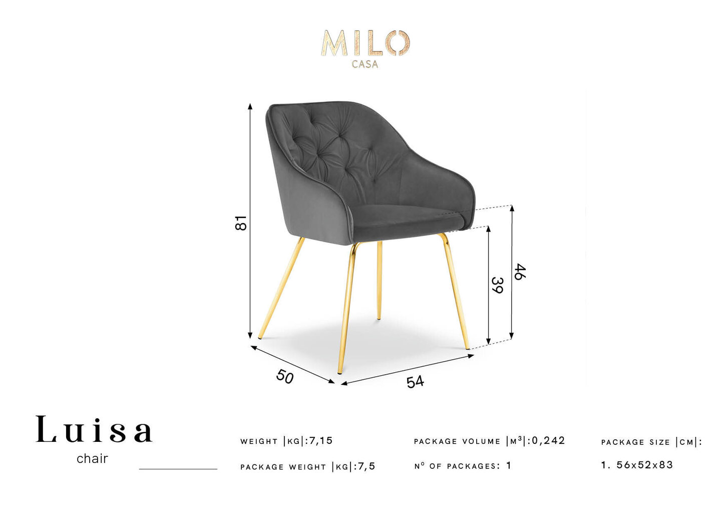 Milo Casa Luisa, Tuoli musta/kulta hinta ja tiedot | Ruokapöydän tuolit | hobbyhall.fi