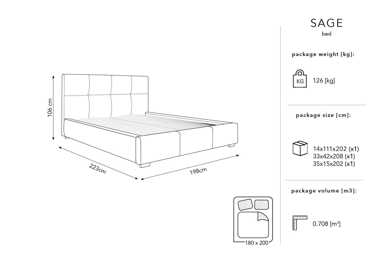 Micadoni Home Sage sänky, 180 cm x 200 cm, mustan värinen hinta ja tiedot | Sängyt | hobbyhall.fi