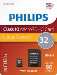 Philips FM32MP45B / 10 micro SD 32 GB (+ SD-sovitin) hinta ja tiedot | Kameran muistikortit | hobbyhall.fi