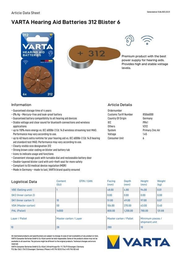 Varta paristot kuulokojeisiin 312, 60 kpl. hinta ja tiedot | Paristot | hobbyhall.fi