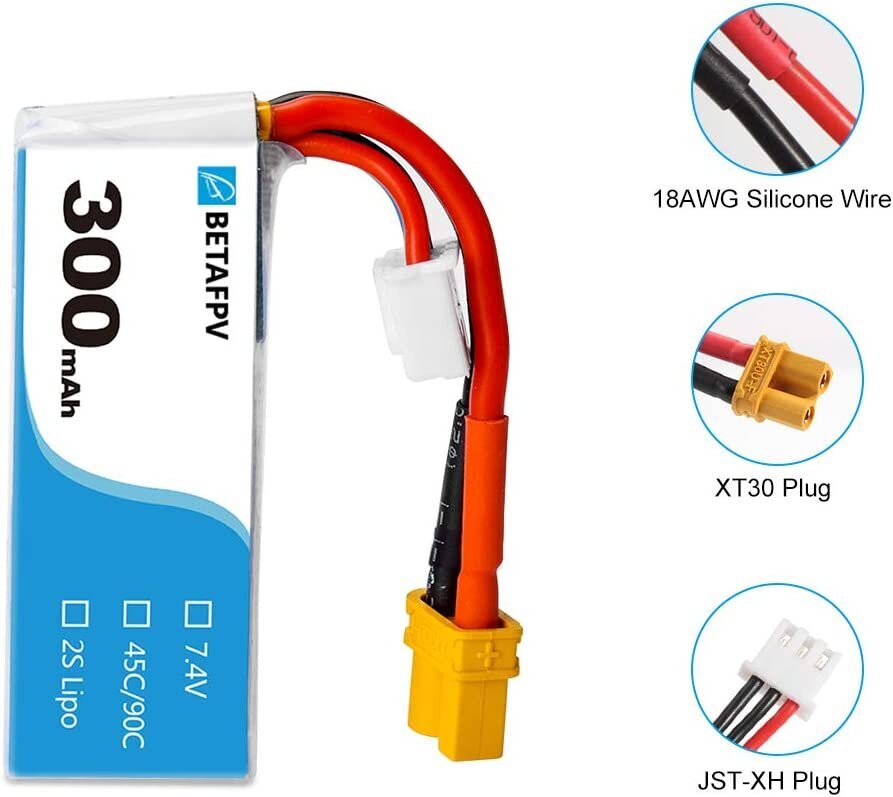 1 kpl Lipo-akku 7,4V 300mAh 45C 2S HV-akku XT30 18AWG silikonilanka 2S Whoop hinta ja tiedot | Älylaitteiden lisätarvikkeet | hobbyhall.fi