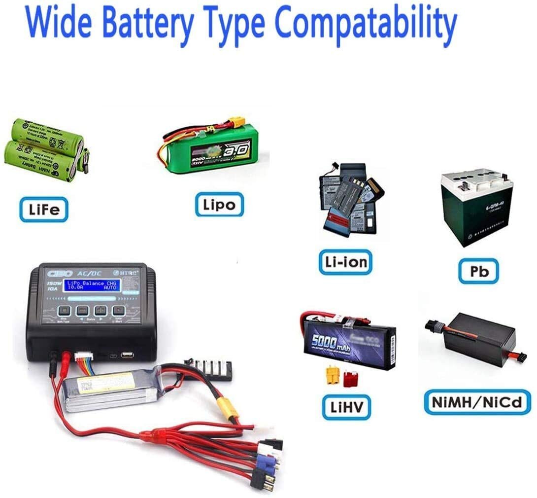 1 kpl. HTRC RC LiPo Charger Balancing 150W 10A 1-6S AC/DC C150 NiCd Li-Ion Life NiMH LiHV PB Smart Battery (musta) hinta ja tiedot | Älylaitteiden lisätarvikkeet | hobbyhall.fi