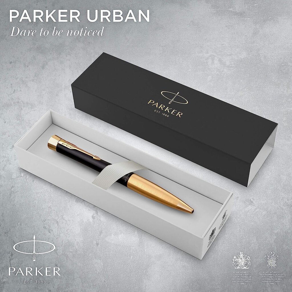 Parker 2143640 Urban Twist Bellpoint Pen | Matt Black, kultaiset koristeosat | Täyttöpatruunalla sinisellä musteella | Lahjapaketti hinta ja tiedot | Kirjoitusvälineet | hobbyhall.fi