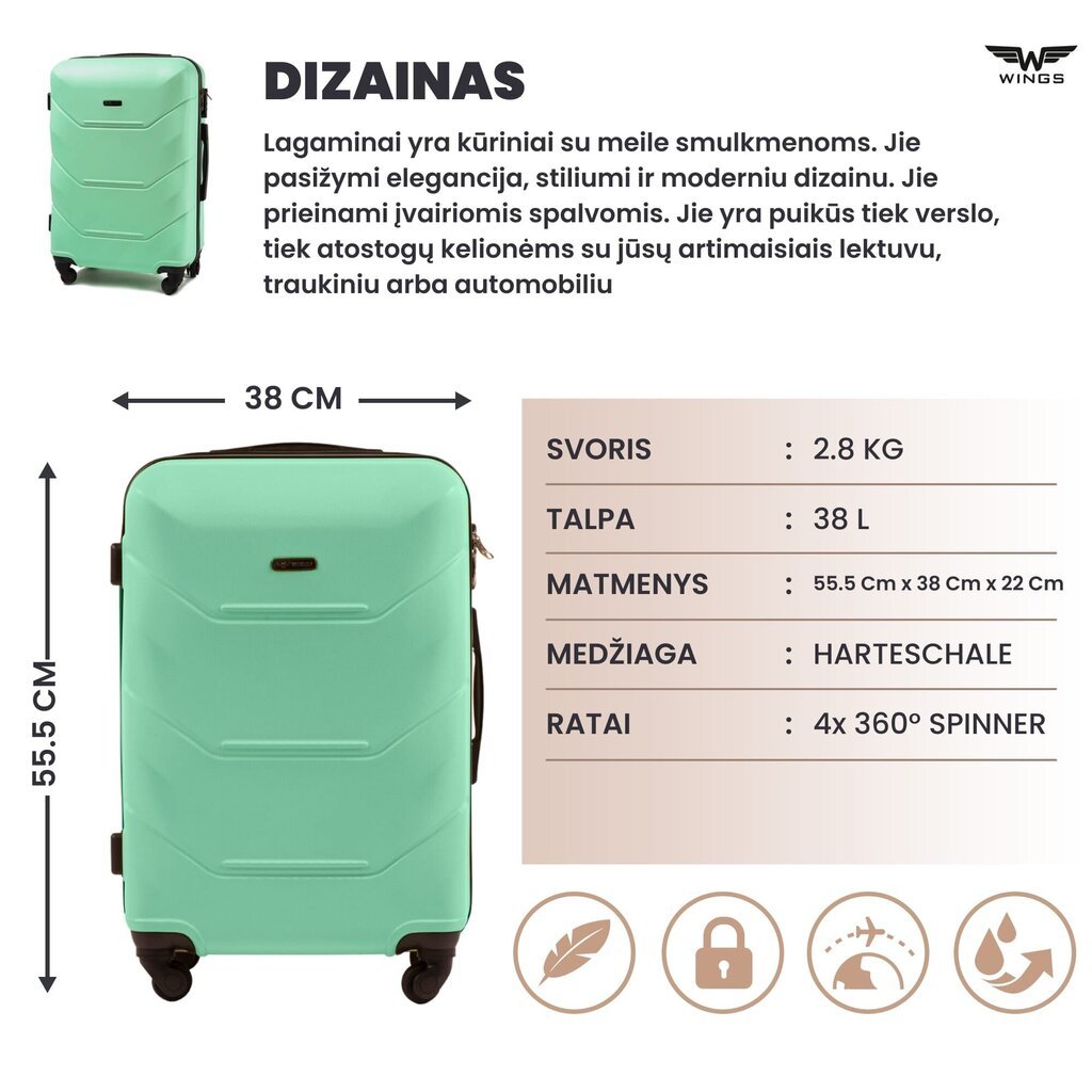 Pieni matkalaukku Wings Peacock S, vaaleanvihreä hinta ja tiedot | Matkalaukut ja matkakassit | hobbyhall.fi