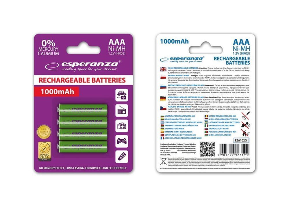 Ladattavat paristot Esperanza EZA102G Ni-MH AAA 1000MAH x4 hinta ja tiedot | Paristot | hobbyhall.fi