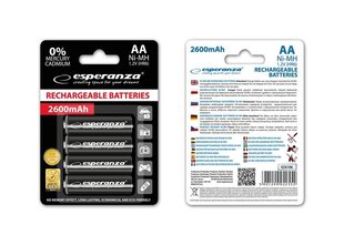 Ladattavat akut Esperanza EZA106 Ni-MH AA 2600MAH x4 hinta ja tiedot | Esperanza Valaistus ja sähkölaitteet | hobbyhall.fi