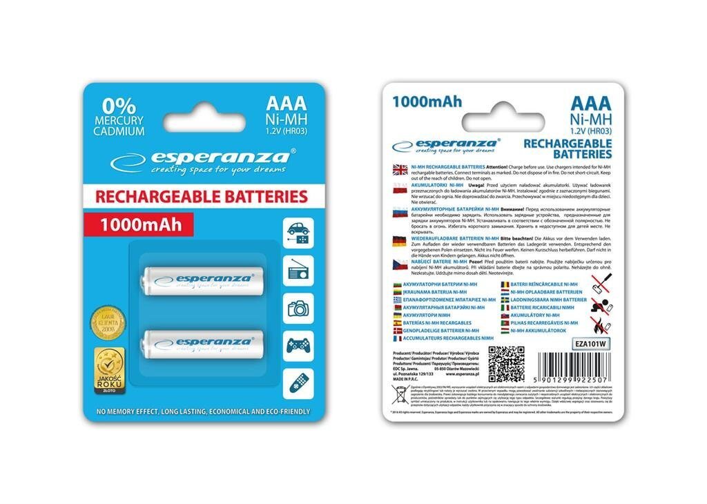 Ladattavat paristot Esperanza EZA101W Ni-MH AAA 1000MAH 2 kpl hinta ja tiedot | Paristot | hobbyhall.fi