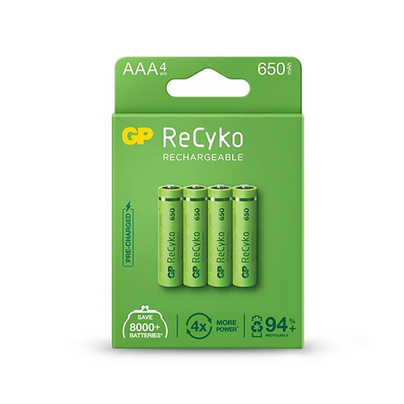 Ladattavat akut GP ReCyko NiMH AAA 650mAh EB4. hinta ja tiedot | Paristot | hobbyhall.fi