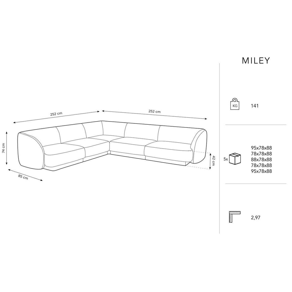 Samettinen symmetrinen kulmasohva Micadoni Miley, 252 x 252 x 74, sininen hinta ja tiedot | Sohvat ja vuodesohvat | hobbyhall.fi