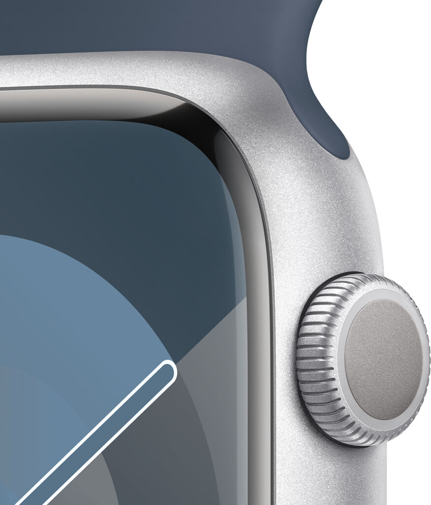 Apple Watch Series 9 GPS 45mm Silver Aluminium Case with Storm Blue Sport Band - S/M MR9D3ET/A hinta ja tiedot | Älykellot | hobbyhall.fi