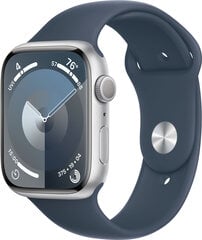 Apple Watch Series 9 GPS 45mm Silver Aluminium Case with Storm Blue Sport Band - S/M - MR9D3ET/A hinta ja tiedot | Älykellot | hobbyhall.fi
