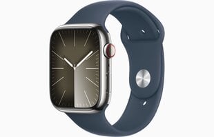 Apple Watch Series 9 GPS + Cellular 41mm Silver Stainless Steel Case with Storm Blue Sport Band - S/M MRJ23ET/A hinta ja tiedot | Älykellot | hobbyhall.fi