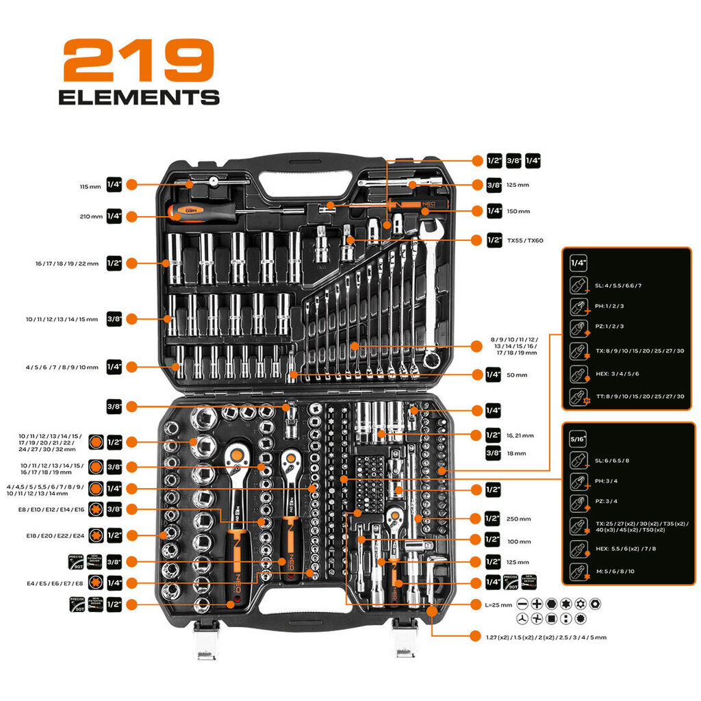 Työkalusarja Neo 10-076, 219 kpl. hinta ja tiedot | Työkalupakit ja muu työkalujen säilytys | hobbyhall.fi