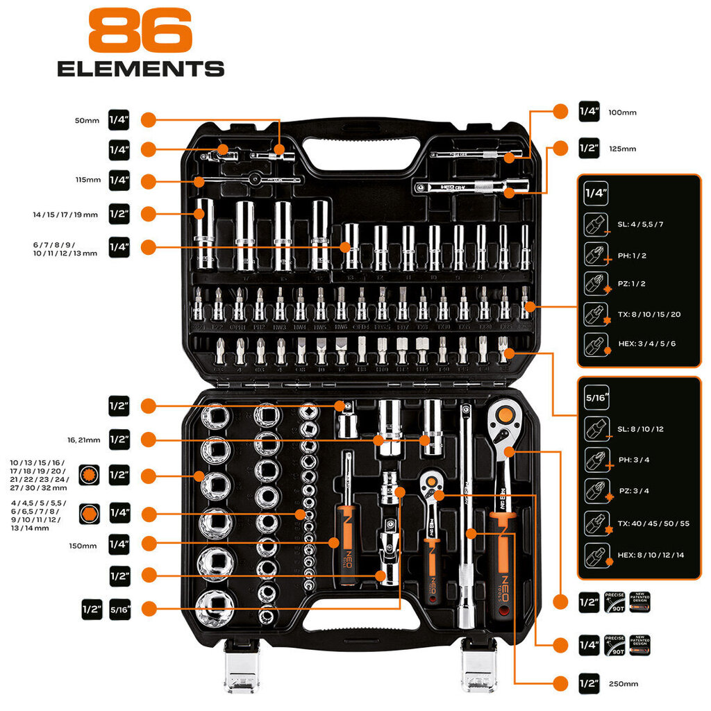 Työkalusarja Neo 10-060, 86 kpl. hinta ja tiedot | Käsityökalut | hobbyhall.fi