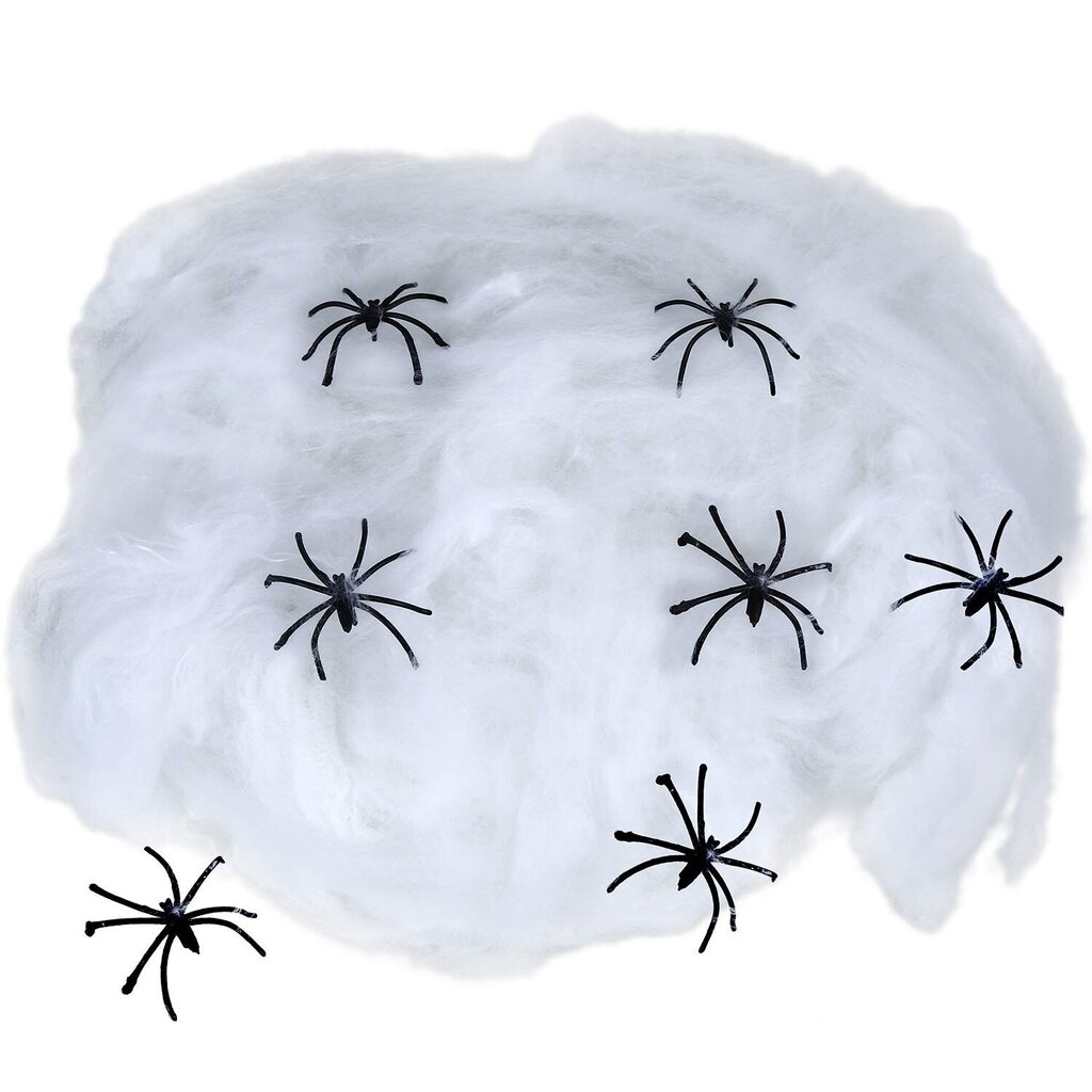 Halloween koristeverkko valkoinen, 200 grammaa, 4 mustaa hämähäkkiä hinta ja tiedot | Juhlakoristeet | hobbyhall.fi