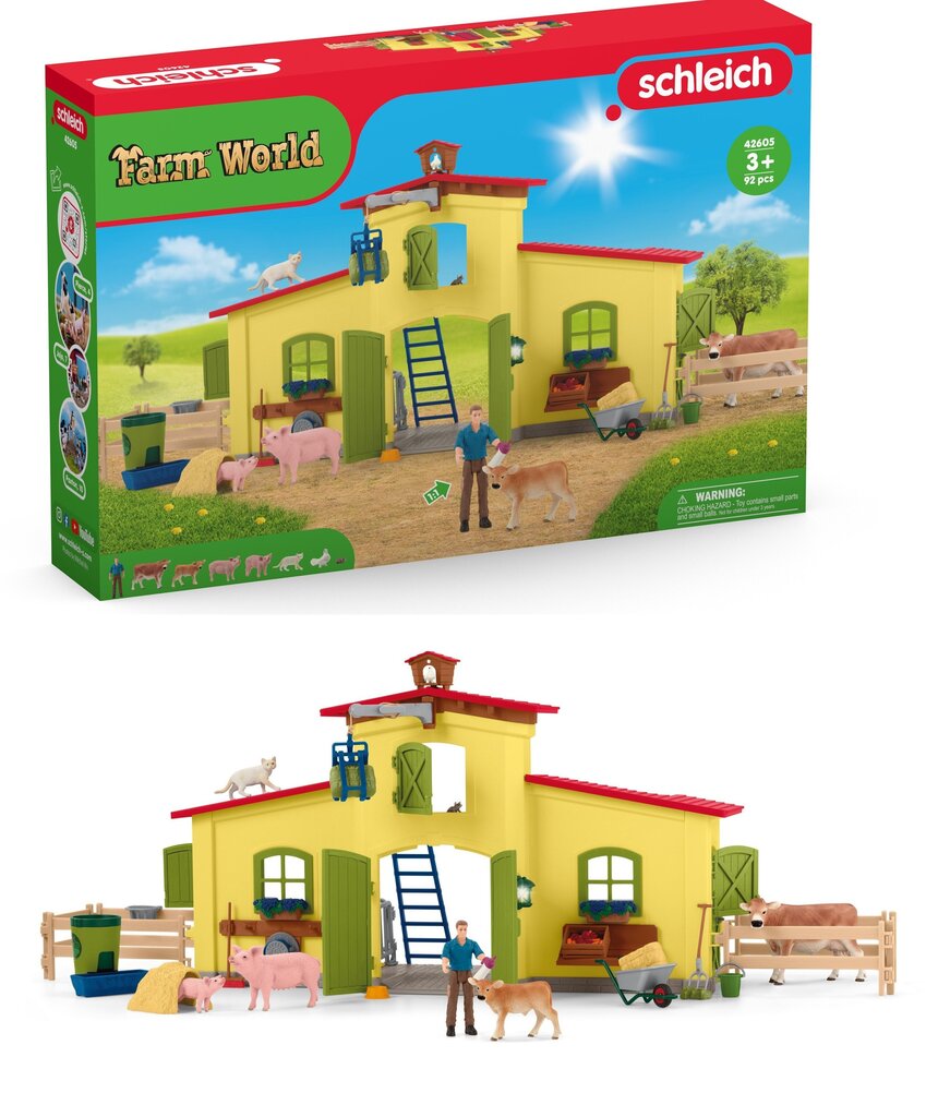 Suuri navetta eläimillä ja tarvikkeilla Schleich Farm World hinta ja tiedot | Poikien lelut | hobbyhall.fi