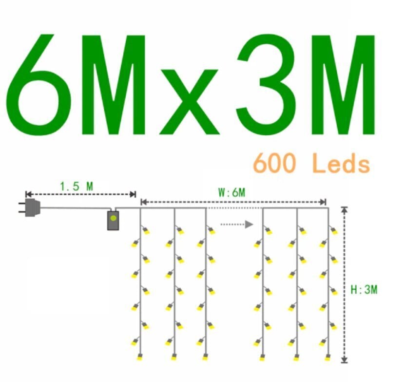 Garlianda-valoverho 600 LED 6x3 m, lämmin valkoinen hinta ja tiedot | Jouluvalot | hobbyhall.fi