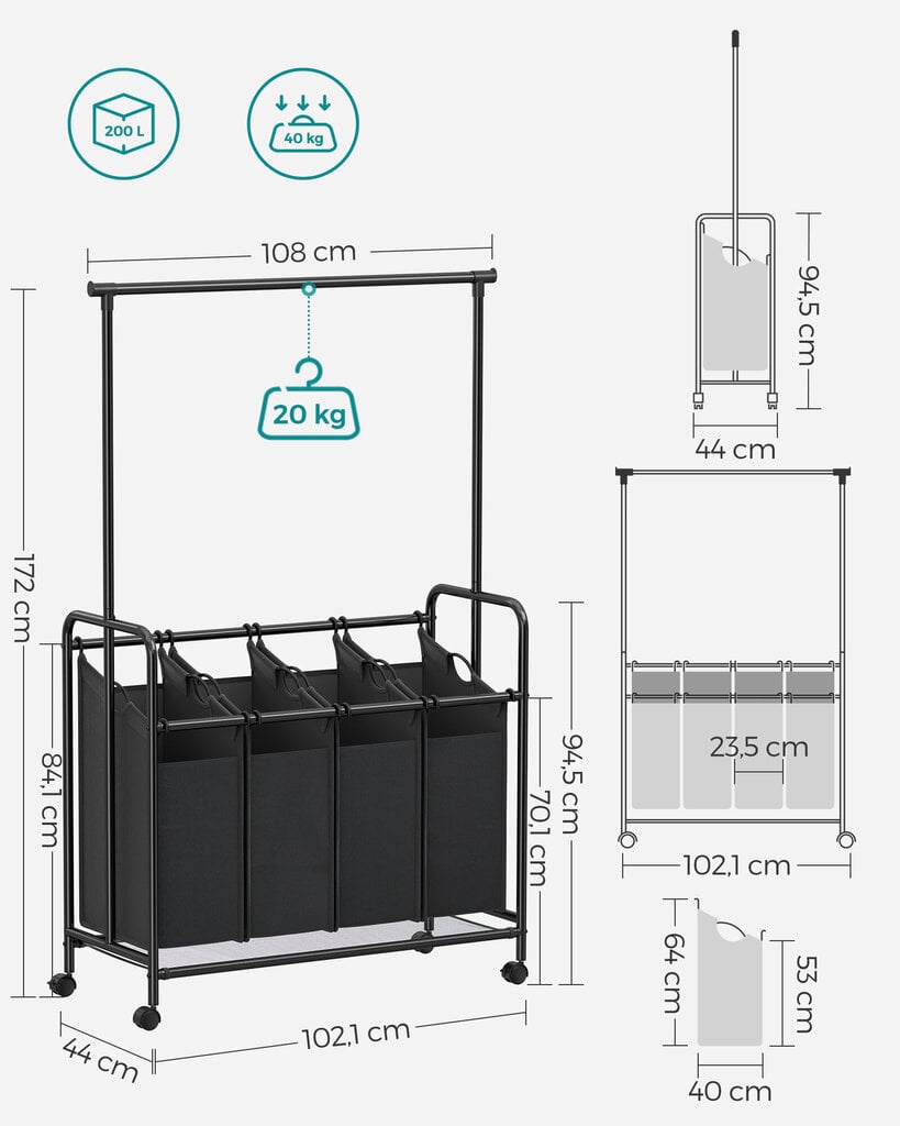 Vaaterekki pyörillä, VASAGLE, 155 x 104 x 53 cm, valkoinen hinta ja tiedot | Naulakot | hobbyhall.fi