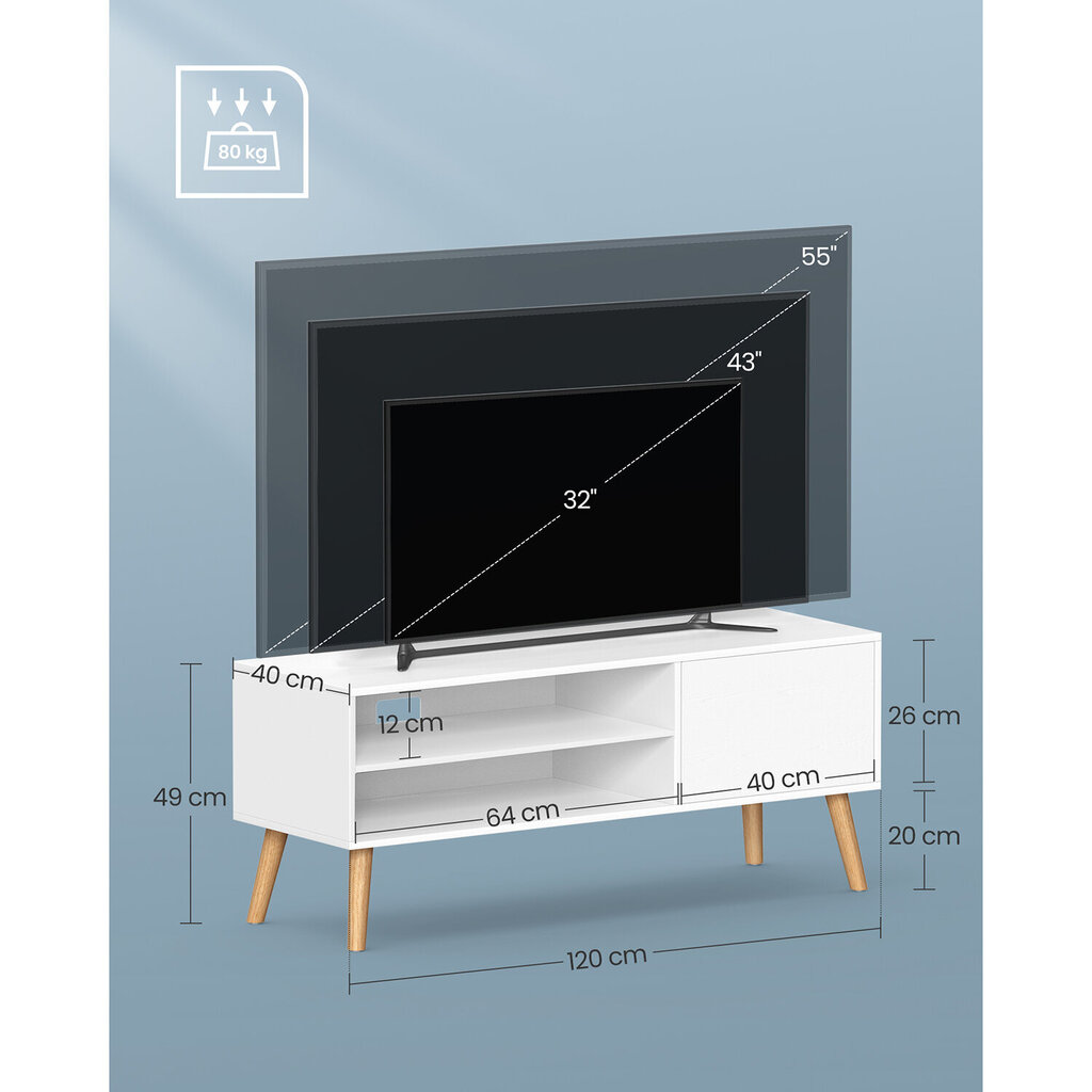 TV-taso avohyllyillä, VASAGLE, 40 x 120 x 49 cm, valkoinen hinta ja tiedot | TV-tasot | hobbyhall.fi