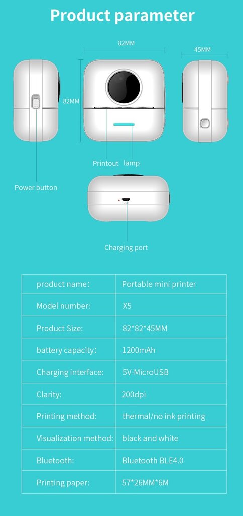 Kannettava lasten lämpötulostin Mini Printer X5, valkoinen hinta ja tiedot | Tulostimet | hobbyhall.fi