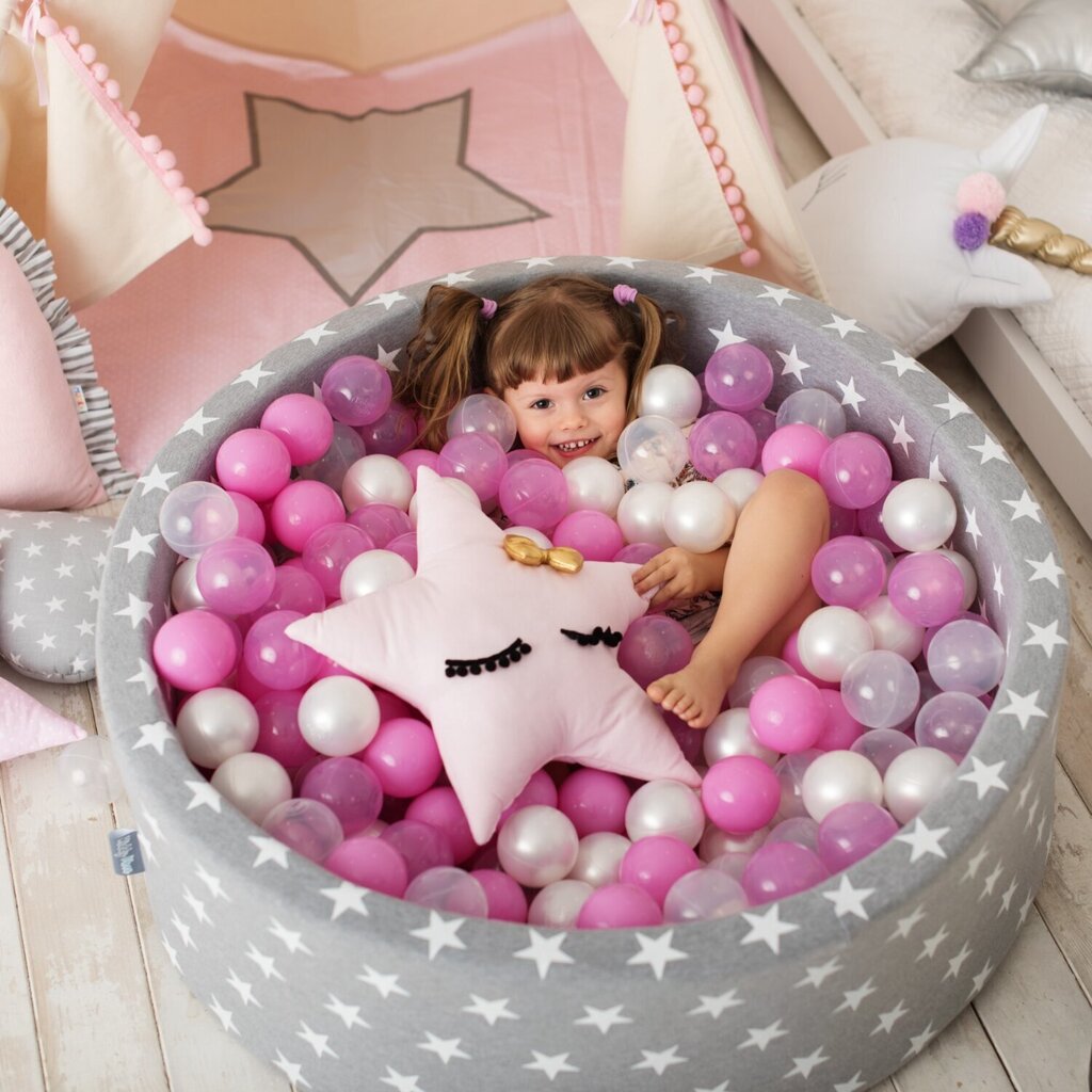 KiddyMoon pallomeri 90X30cm/300 tähteä 6Cm, harmaat tähdet: Pearl Mint läpinäkyvä pulveri vaaleanpunainen väri hinta ja tiedot | Vauvan lelut | hobbyhall.fi