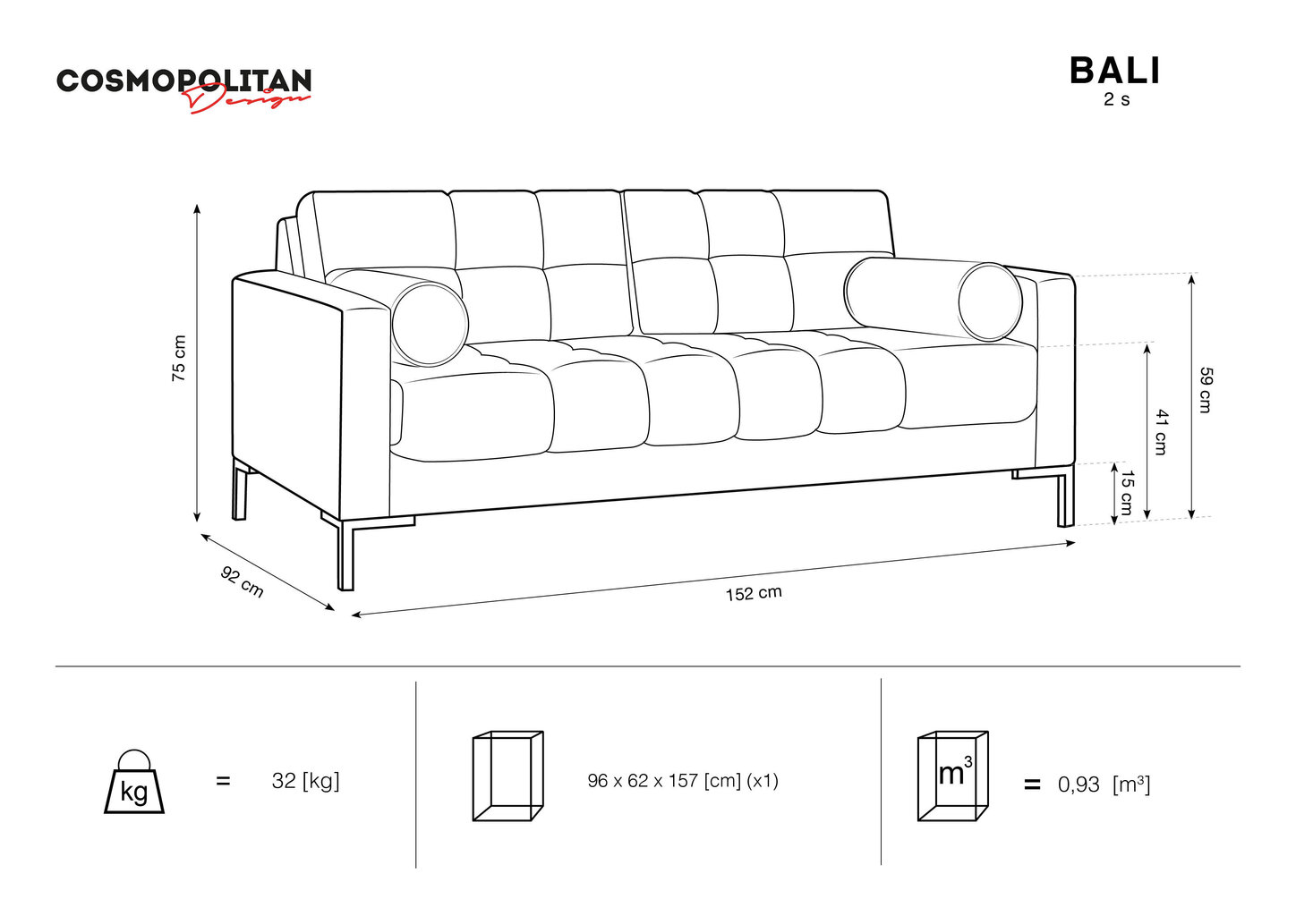 Cosmopolitan Design Bali 2S sohva, vaaleanharmaa/musta hinta ja tiedot | Sohvat ja vuodesohvat | hobbyhall.fi