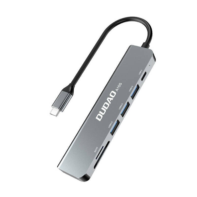 Dudao 6in1-sovitin Dudao A15S USB-C - 3x USB, 1x USB-C, SD / TF (harmaa) hinta ja tiedot | Adapterit | hobbyhall.fi